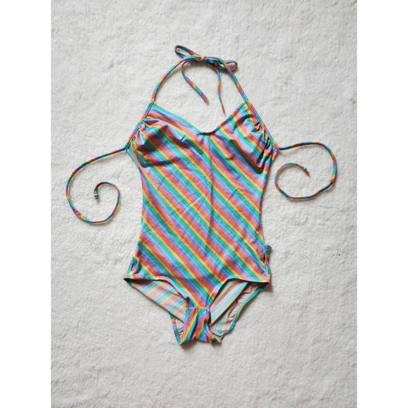 70s/80s Striped Rainbow Bathing Suit **HAS FLAWS** - Picture 5 of 8